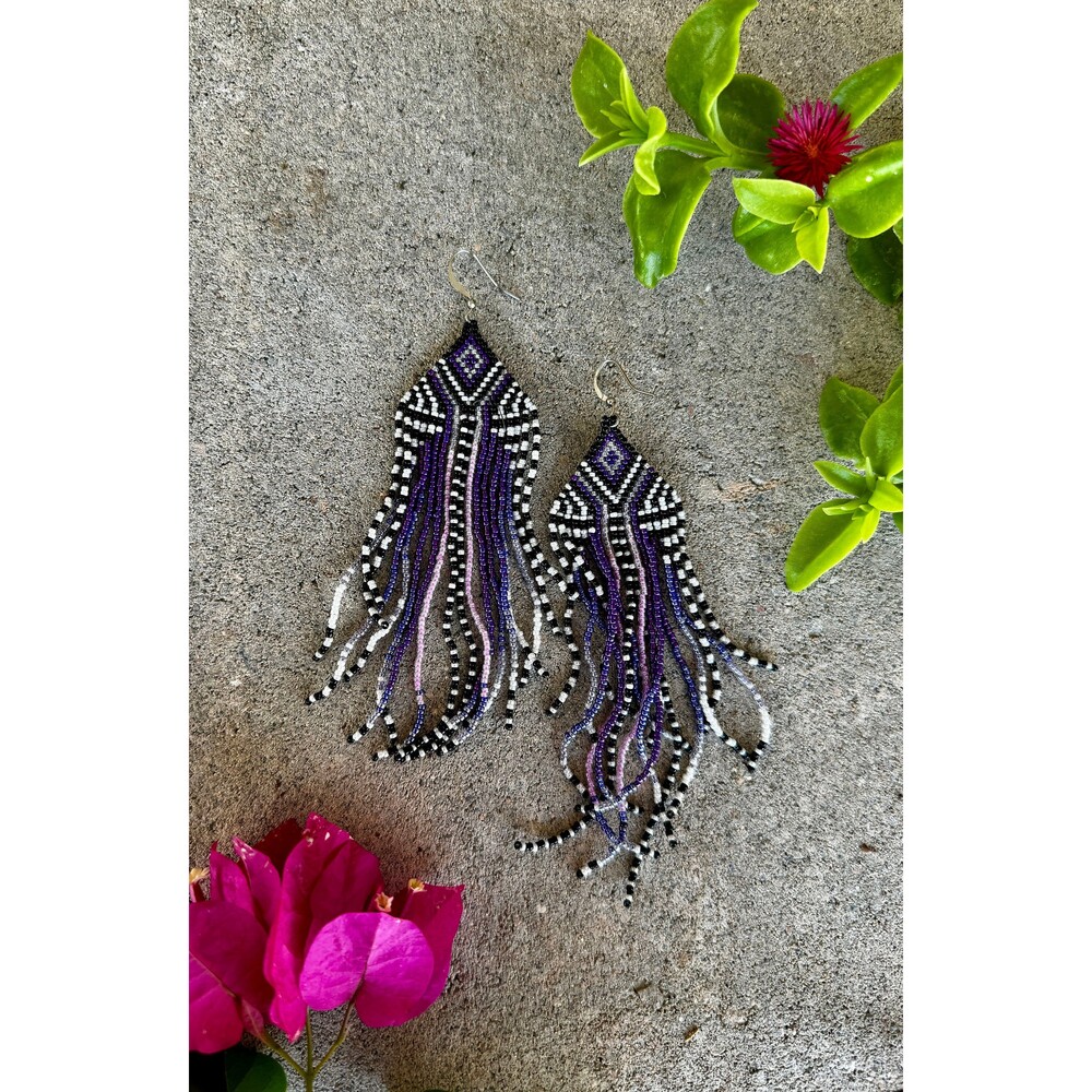 Tiny Purple, Black, and White Seed Bead Elegant Earrings